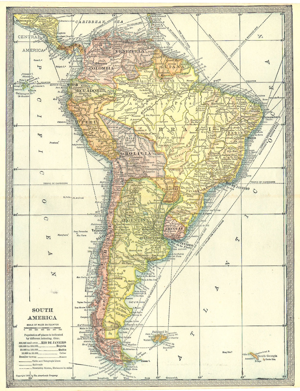 SOUTH AMERICA Brazil Argentina Chile Bolivia etc 1907 old antique map chart